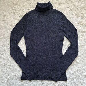 3.1 Phillip Lim Sweater Turtleneck Long Sleeve Ribbed Sparkle Metallic Navy L